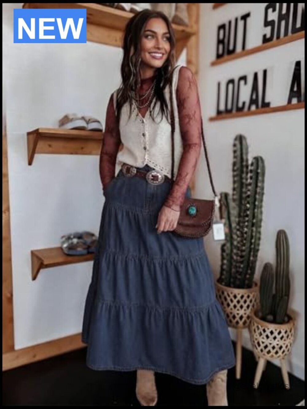 High Waisted Tiered Ruffle Denim Maxi Skirt with Pockets A-Line Boho - Picture 4 of 7
